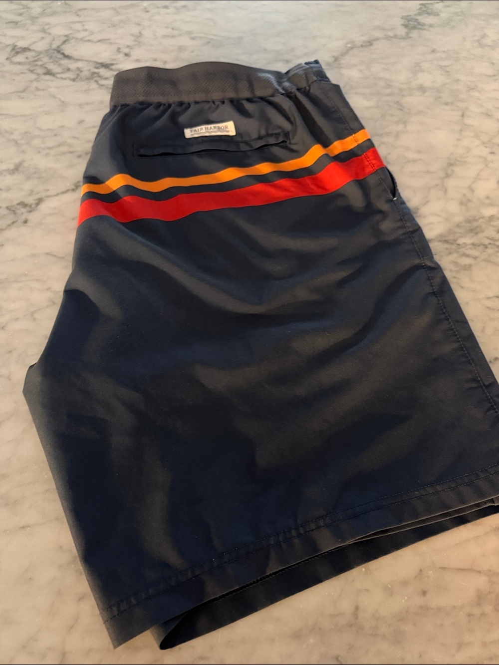 Fair Harbor Navy Swim Trunks with Red and Yellow Stripes